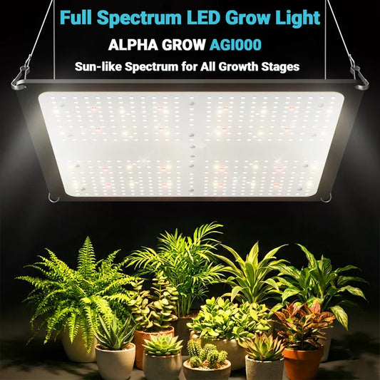 MIMEO Full Spectrum LED Grow Light AGI1000 illuminating indoor plants in a stealth grow setup