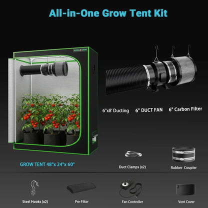 MIMEO All-in-One Grow Tent Kit with LED Grow Light, 6" Duct Fan & Carbon Filter for Indoor Hydroponics
