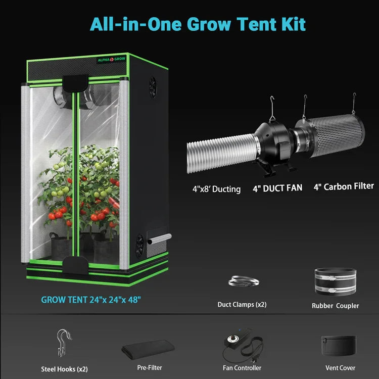 MIMEO All-in-One Grow Tent Kit with LED Light, Carbon Filter & Duct Fan for Indoor Hydroponics