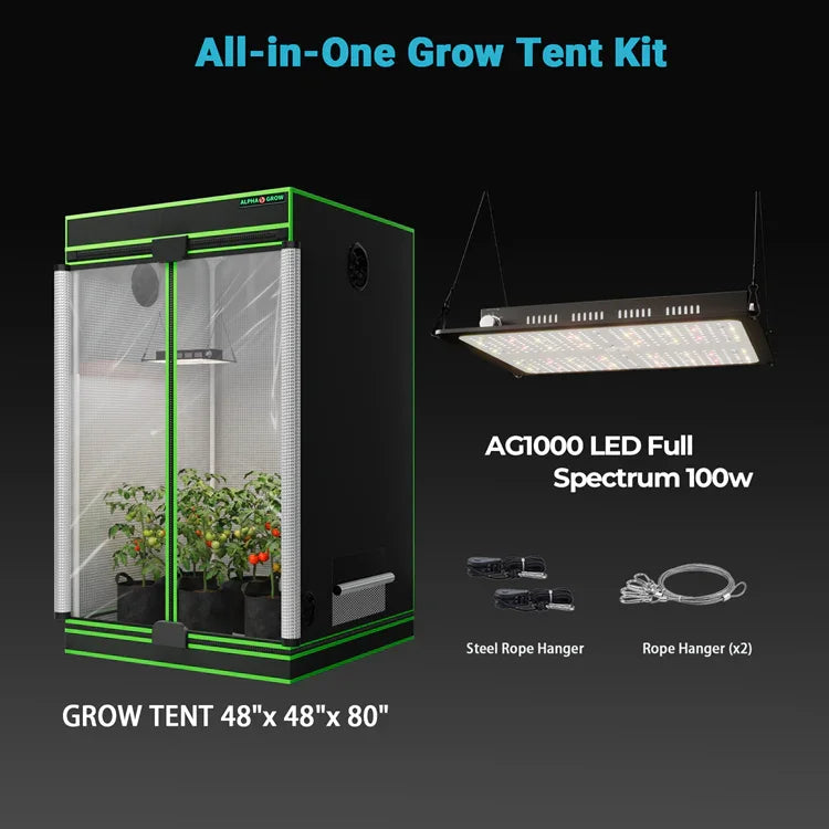MIMEO All-in-One Grow Tent Kit with AG1000 LED Light, 48x48x80" Turnkey Indoor Gardening System