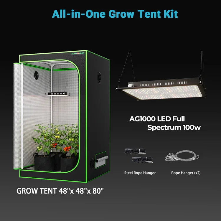 MIMEO All-in-One Grow Tent Kit with AG1000 LED Full Spectrum Light, 48"x48"x80" for indoor hydroponics