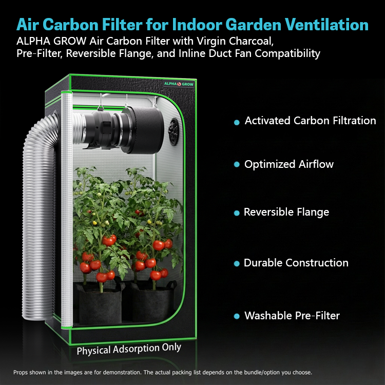 MIMEO indoor gardening setup with grow tent, carbon filter, and ventilation duct for plant airflow