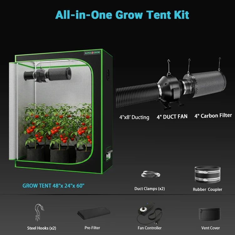 MIMEO All-in-One Grow Tent Kit with LED Light, 4" Duct Fan & Carbon Filter for Indoor Hydroponics