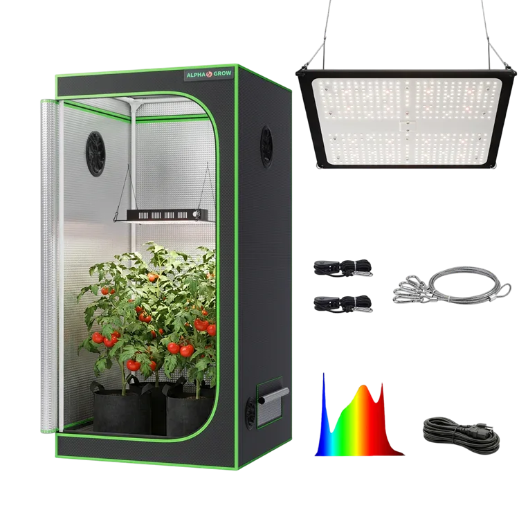 MIMEO indoor grow tent with LED light, tomatoes thriving in hydroponic setup, turnkey kit for stealth growing