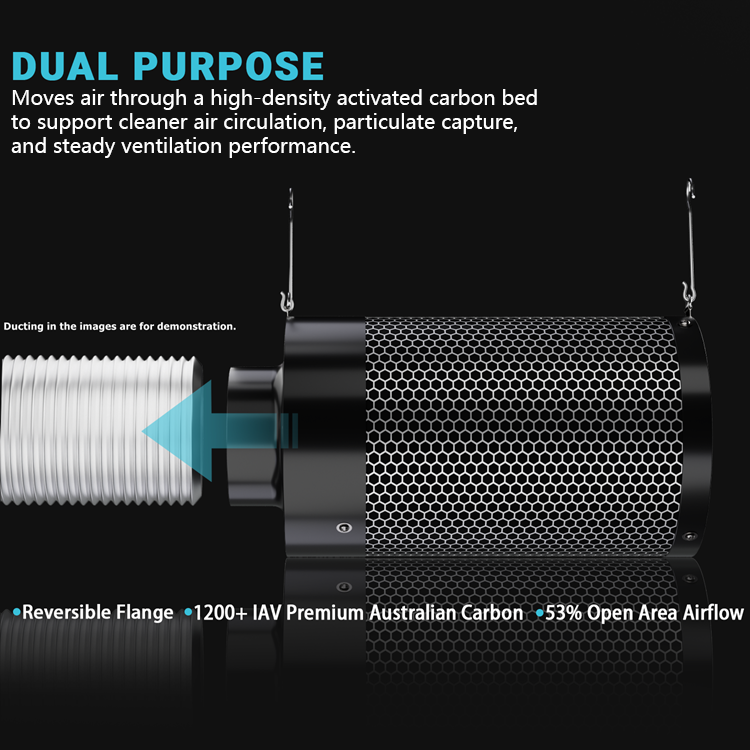 MIMEO dual-purpose carbon filter for indoor gardening airflow and particulate capture with reversible flange