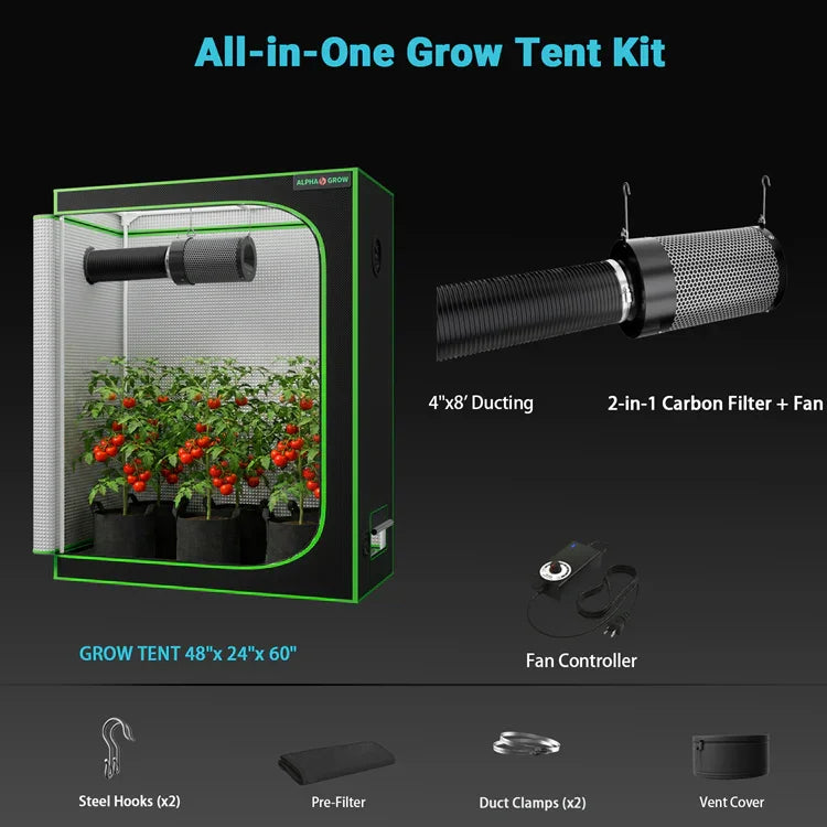 MIMEO All-in-One Grow Tent Kit with LED Light, Carbon Filter & Fan for Indoor Hydroponics