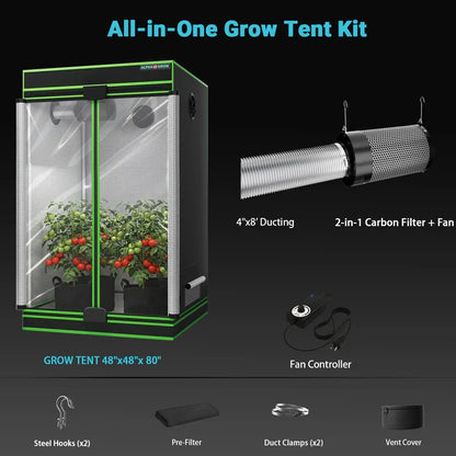 MIMEO All-in-One Grow Tent Kit with LED Light, Carbon Filter & Fan for Indoor Hydroponics