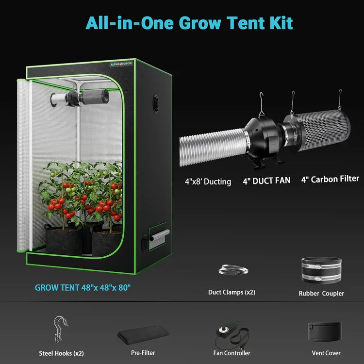 MIMEO All-in-One Grow Tent Kit with LED Light, 4" Duct Fan & Carbon Filter for Indoor Hydroponics