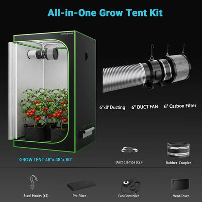 MIMEO All-in-One Grow Tent Kit with LED Light, 6" Duct Fan & Carbon Filter for Indoor Hydroponics