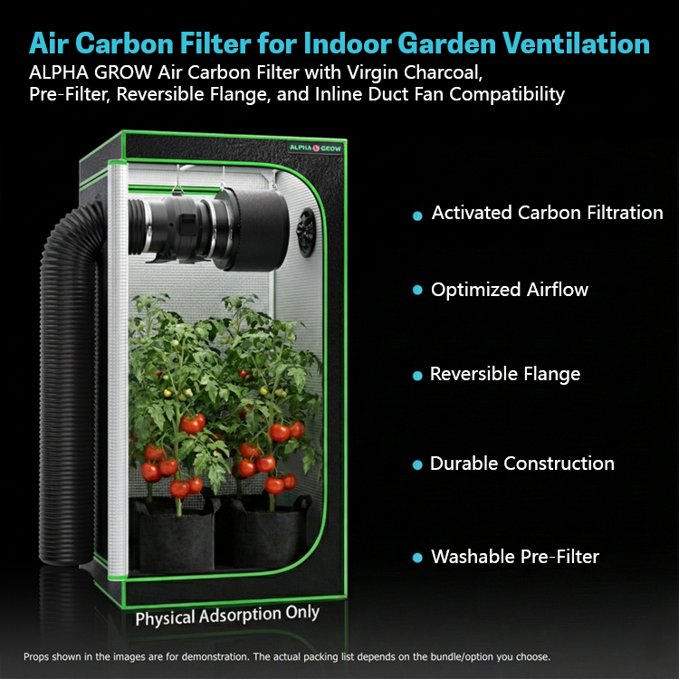 ALPHA GROW air carbon filter with activated charcoal for indoor garden ventilation, shown with grow tent and plants