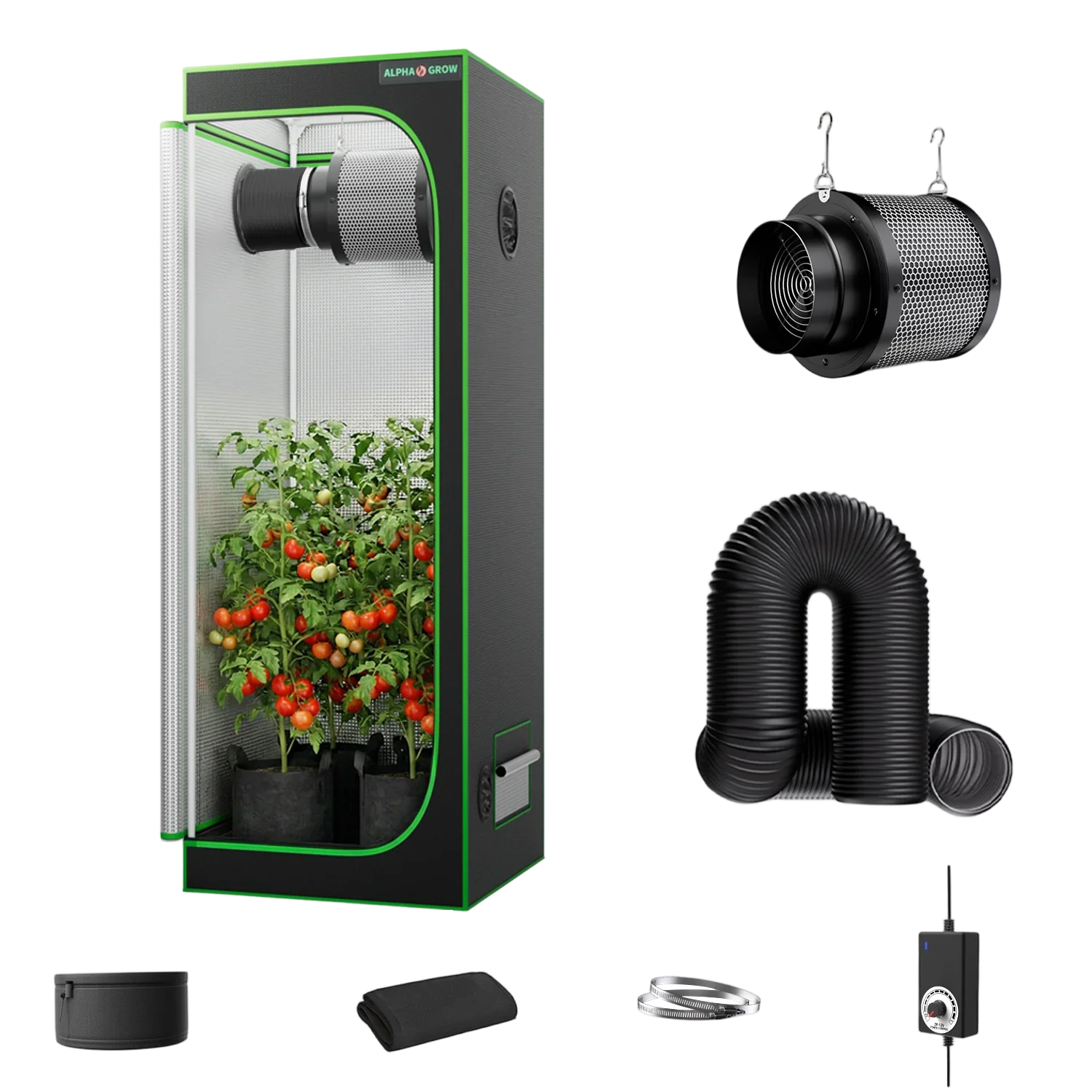 MIMEO indoor grow tent with LED light, inline fan, carbon filter & ducting for hydroponics and stealth growing