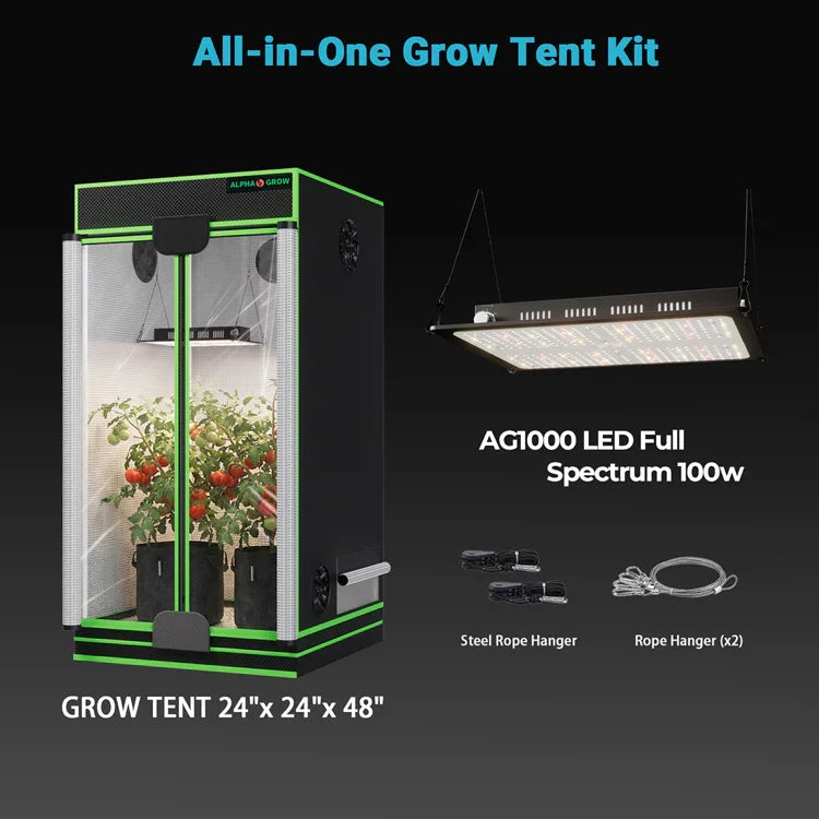 MIMEO All-in-One Grow Tent Kit with AG1000 LED Light, 24x24x48” Stealth Indoor Hydroponics Setup