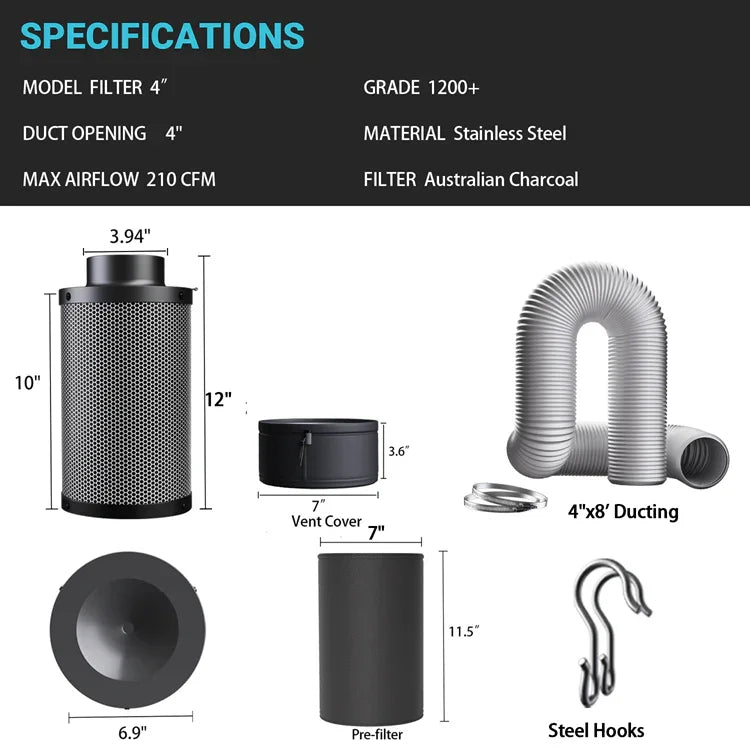 MIMEO 4-inch Carbon Filter with Ducting & Steel Hooks for Indoor Hydroponics Grow Tents