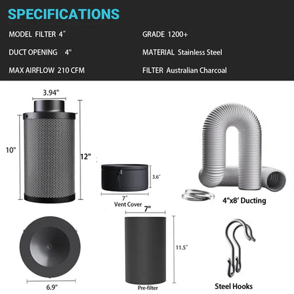 MIMEO 4-inch Carbon Filter with Ducting & Steel Hooks for Indoor Hydroponics Grow Tents