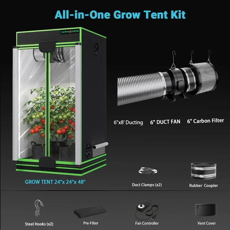 MIMEO All-in-One Grow Tent Kit with LED Light, 6" Duct Fan & Carbon Filter for Indoor Hydroponics