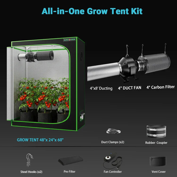 MIMEO All-in-One Grow Tent Kit with LED Light, 4" Duct Fan & Carbon Filter for Indoor Hydroponics