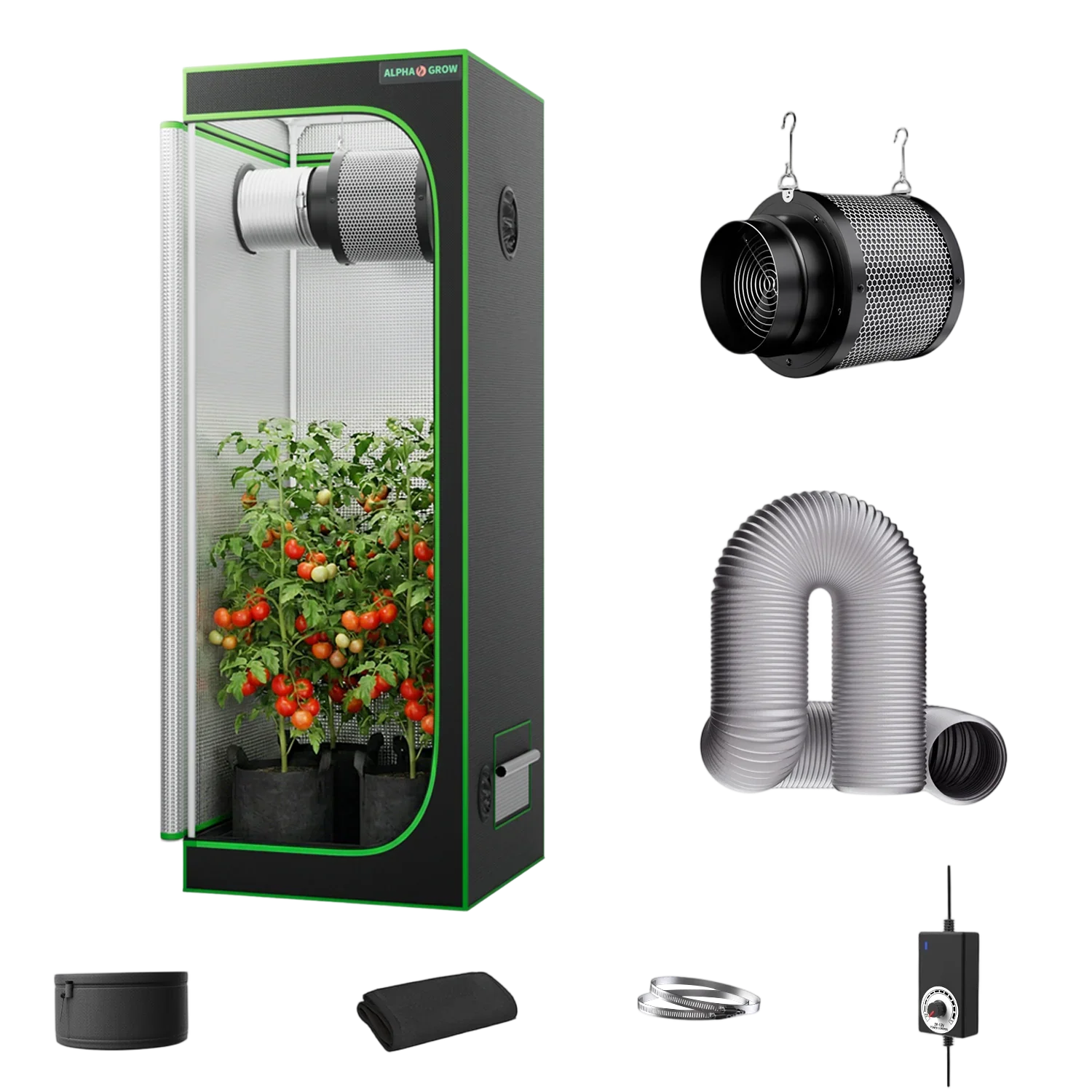 MIMEO indoor grow tent with LED light, inline fan, carbon filter & ducting for stealth hydroponics