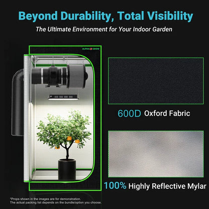 MIMEO Grow Tent with LED Light & Carbon Filter – 600D Oxford Fabric, 100% Reflective Mylar for Indoor Hydroponics