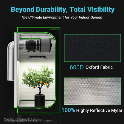 MIMEO Grow Tent with LED Light & Carbon Filter for Indoor Hydroponics – 600D Oxford Fabric, Reflective Mylar