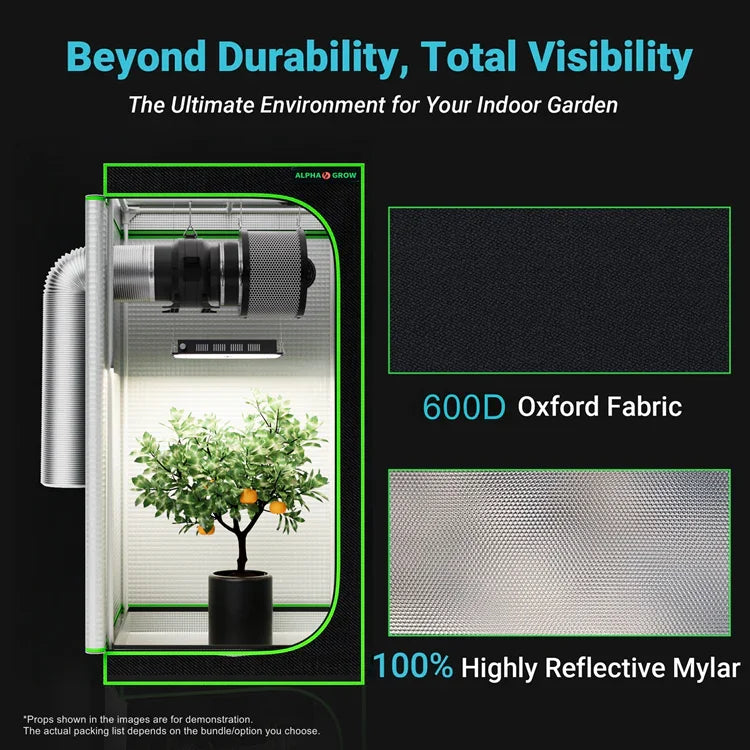 MIMEO Grow Tent with LED Grow Light & Inline Fan for Indoor Gardening – 600D Oxford Fabric, Reflective Mylar