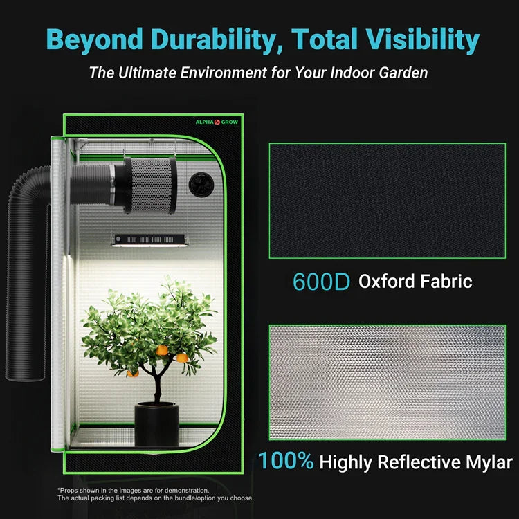 MIMEO Grow Tent with LED Light & Carbon Filter for Indoor Hydroponics – 600D Oxford Fabric, Reflective Mylar