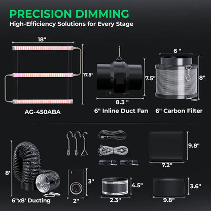 MIMEO indoor hydroponics kit with LED grow light, inline fan, carbon filter, and ducting for stealth growing