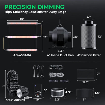 MIMEO indoor grow kit with LED grow light, 4" inline fan, carbon filter, and ducting for stealth hydroponics