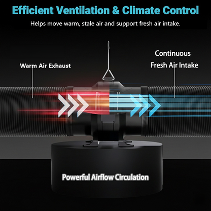 MIMEO inline fan for indoor gardening, showing warm air exhaust and fresh air intake for airflow circulation