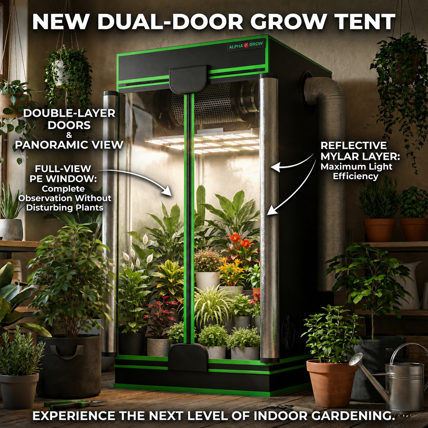 MIMEO dual-door grow tent with full-view window, reflective Mylar interior, and full-spectrum LED lighting for indoor gardening.
