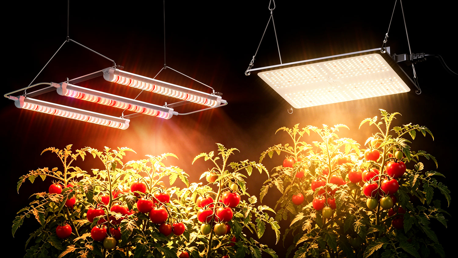 MIMEO full-spectrum LED grow lights illuminating thriving tomato plants in an indoor gardening setup.