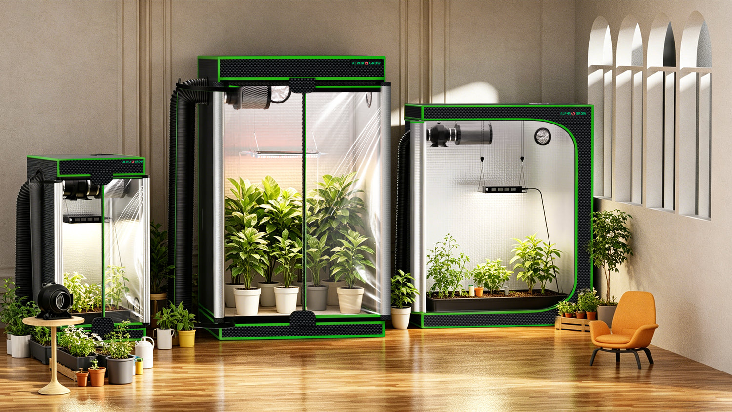 MIMEO indoor gardening setup with grow tents, LED lights, and ventilation for home plant cultivation