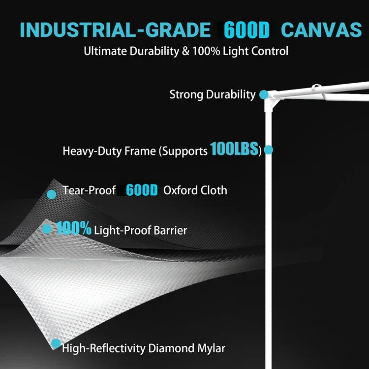 MIMEO Grow Tent with 600D Canvas, Heavy-Duty Frame, and Diamond Mylar Reflective Interior for Stealth Indoor Gardening