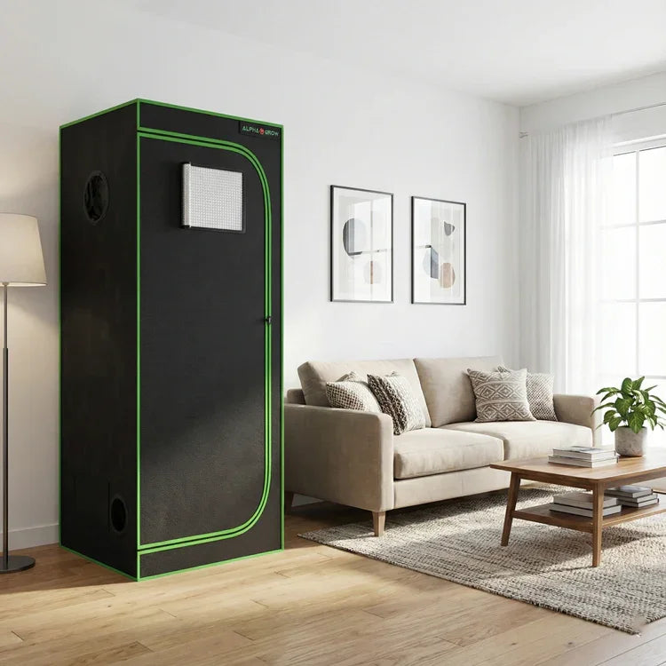 MIMEO stealth grow tent with LED light, perfect for indoor hydroponics in living spaces