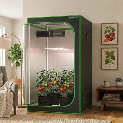 MIMEO Grow Tent with LED Grow Light and thriving tomato plants for indoor hydroponics
