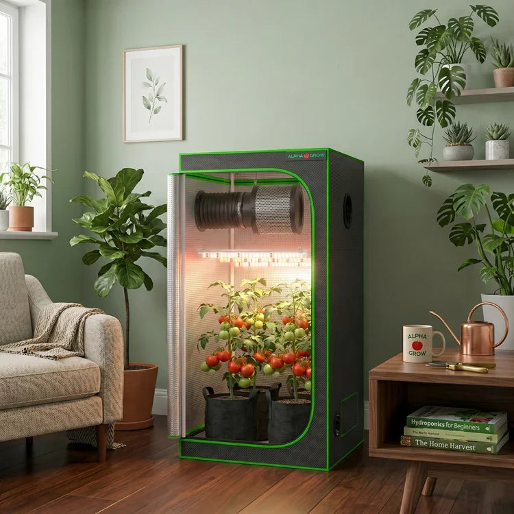 MIMEO Grow Tent with LED Grow Light and tomato plants, indoor hydroponics setup for stealth growing