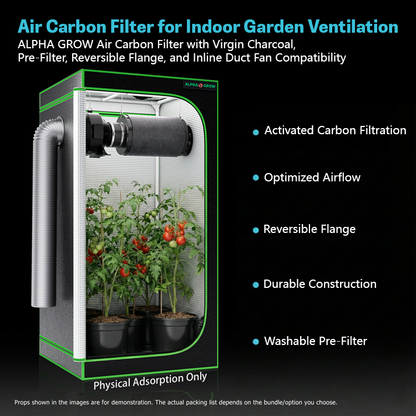 MIMEO indoor gardening setup with carbon filter, grow tent, and tomato plants under LED lighting