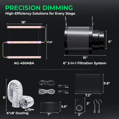 MIMEO AG-450ABA LED Grow Light & 6" 2-in-1 Filtration System for Indoor Hydroponics