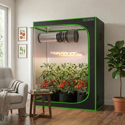 MIMEO indoor grow tent with LED light, inline fan, and thriving tomato plants for stealth hydroponic gardening