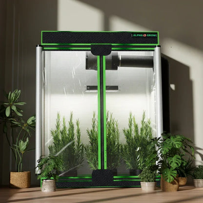 MIMEO indoor grow tent with LED lights and plants, featuring stealth hydroponic setup for home gardening.