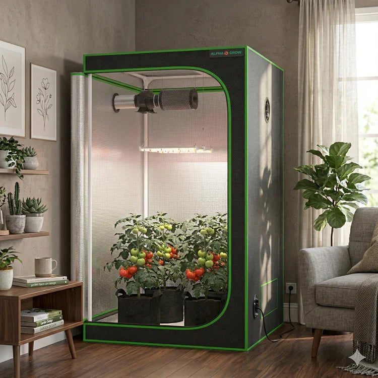 MIMEO indoor grow tent with LED light, tomatoes thriving in stealth hydroponic setup