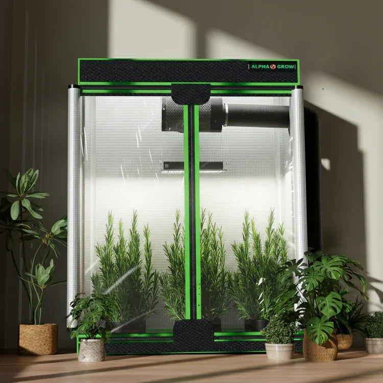 MIMEO indoor grow tent with LED lights and plants, featuring stealth hydroponic setup for home gardening