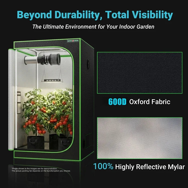 MIMEO Grow Tent with LED Grow Light & Inline Fan for Indoor Hydroponics – 600D Oxford Fabric, Reflective Mylar