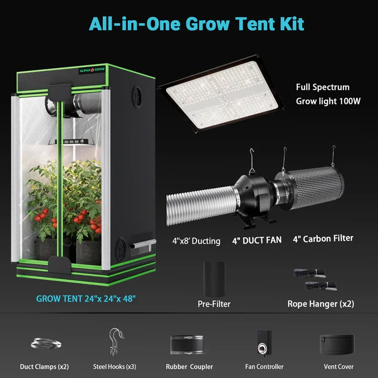 MIMEO All-in-One Grow Tent Kit with LED Grow Light, Inline Fan & Carbon Filter for Indoor Hydroponics