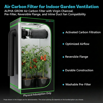 MIMEO indoor gardening setup with grow tent, carbon filter, and tomato plants under LED lighting