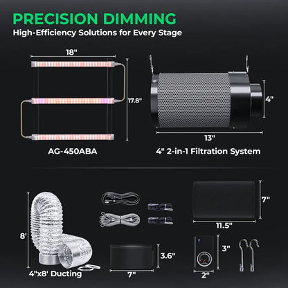 MIMEO AG-450ABA LED Grow Light & 4" 2-in-1 Filtration System for Indoor Hydroponics