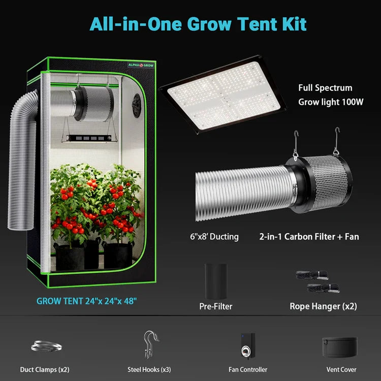 MIMEO All-in-One Grow Tent Kit with LED Grow Light, Carbon Filter & Ducting for Indoor Hydroponics