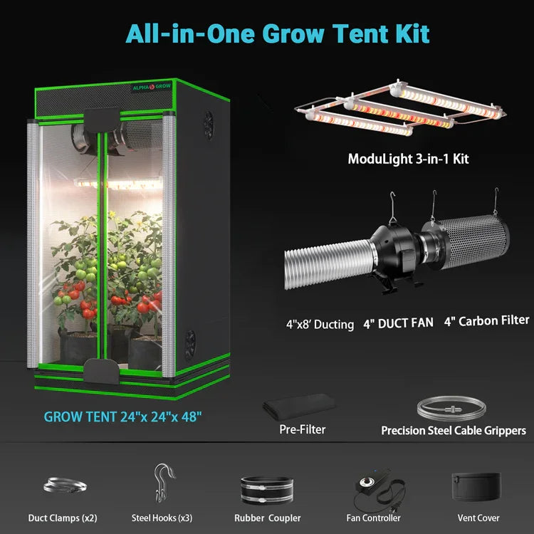 MIMEO All-in-One Grow Tent Kit with LED Light, Carbon Filter & Ducting for Indoor Hydroponics