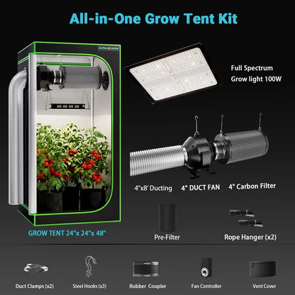 MIMEO All-in-One Grow Tent Kit with LED Grow Light, Carbon Filter, and Inline Fan for Indoor Gardening