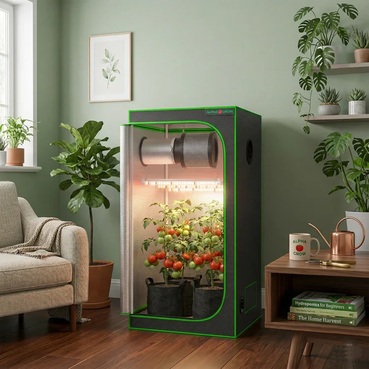 MIMEO indoor grow tent with LED light, hydroponic tomato plants, stealth setup for home gardening