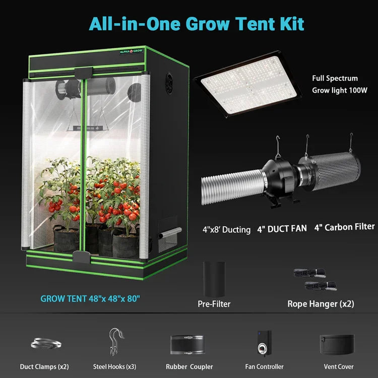 MIMEO All-in-One Grow Tent Kit with LED Grow Light, Inline Fan, and Carbon Filter for Indoor Gardening